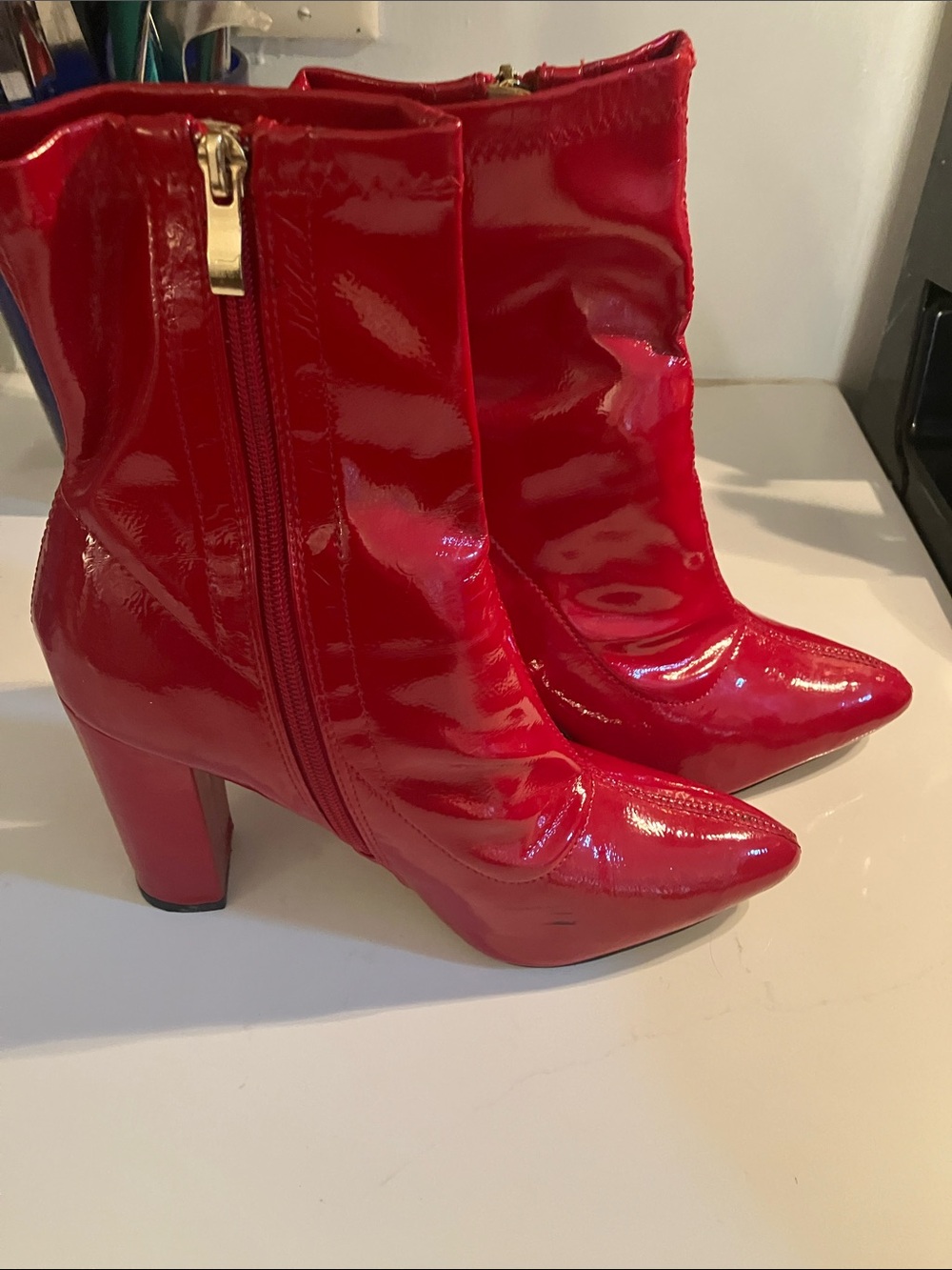 Red Patent Mid-Heel Ankle Boots